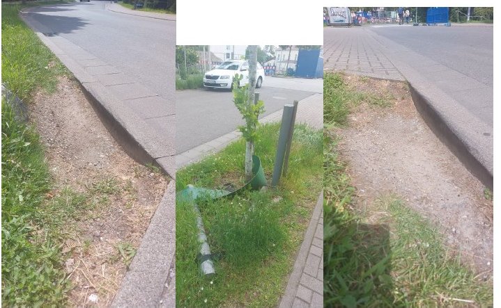 Drei Fotos aus dem Antrag: unterspülte Hochbordsteine und eine Baumscheibe an der Gabriele-Münter-Straße